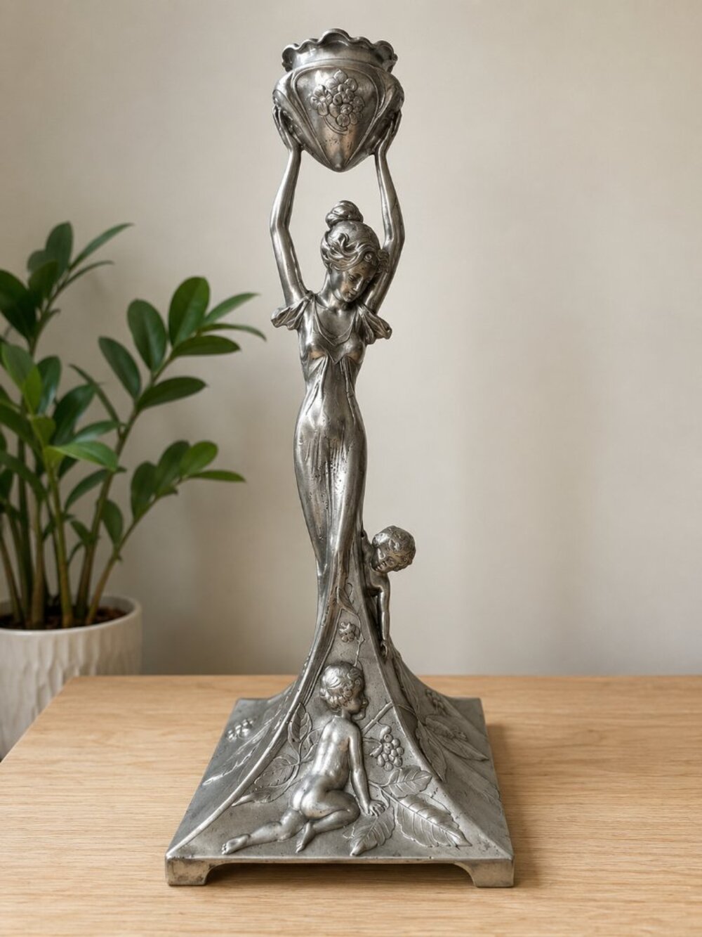 Vintage Art Nouveau Style Candle Holder Classical Maiden with Cherubs Pewter